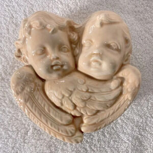 Vintage 1995 Peach Ceramic Cherub Angel Heads W Wings Trinket Dish With Lid